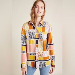 The Odells Anthropologie Diane Woven Buttondown Top Rounded Hem Women’s Medium